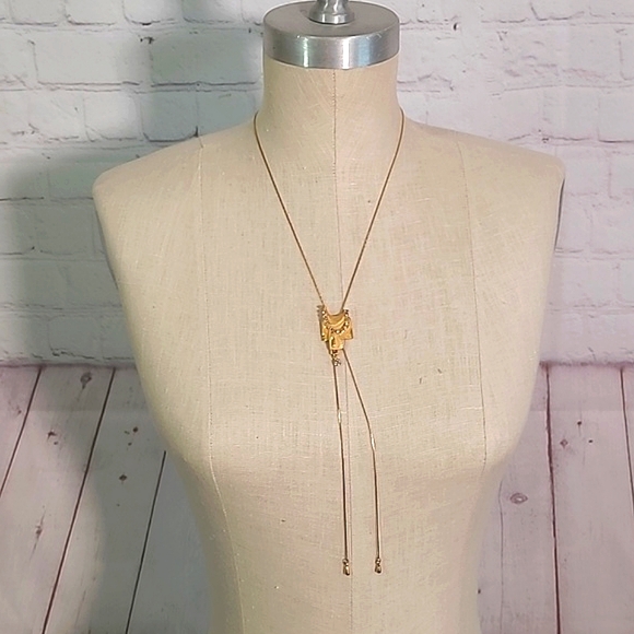 Vintage Unmarked Bolo Tie Gold Tone Horse Saddle Rhistones Cowgirl Necklace 16" - Picture 6 of 17